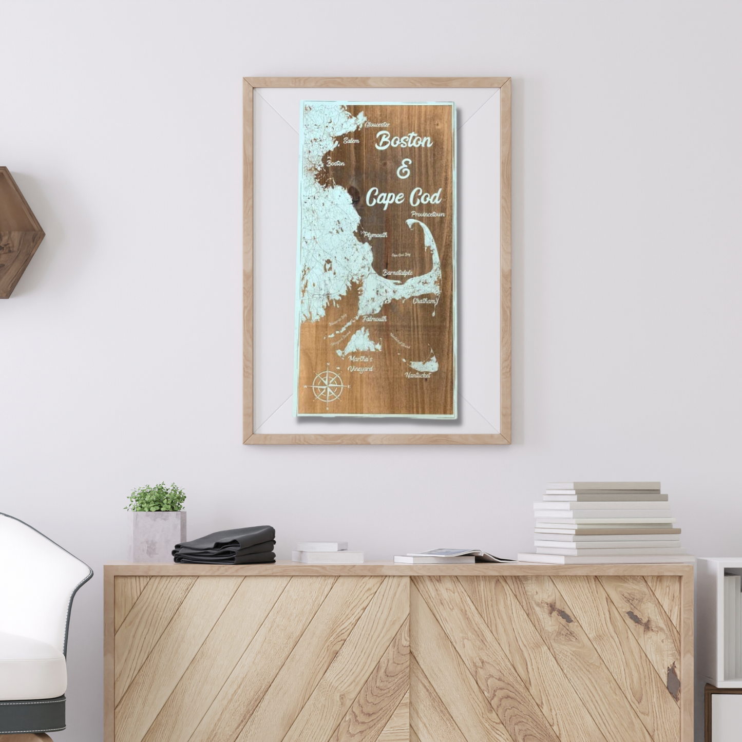 Map Engraved - Boston & Cape Cod, Custom Engraving, Wood Wall Art, Laser Engraved, Topographic, Custom Map, Custom Gift, 23.5 x 11 inches