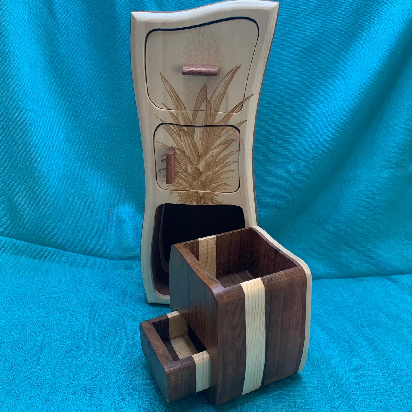 Solid Wood Box W/Drawers - Pineapple, Jewelry Box, Handcrafted, Custom Box, Personalized Box, Handmade, Home Decor, Engraved, Stash Box