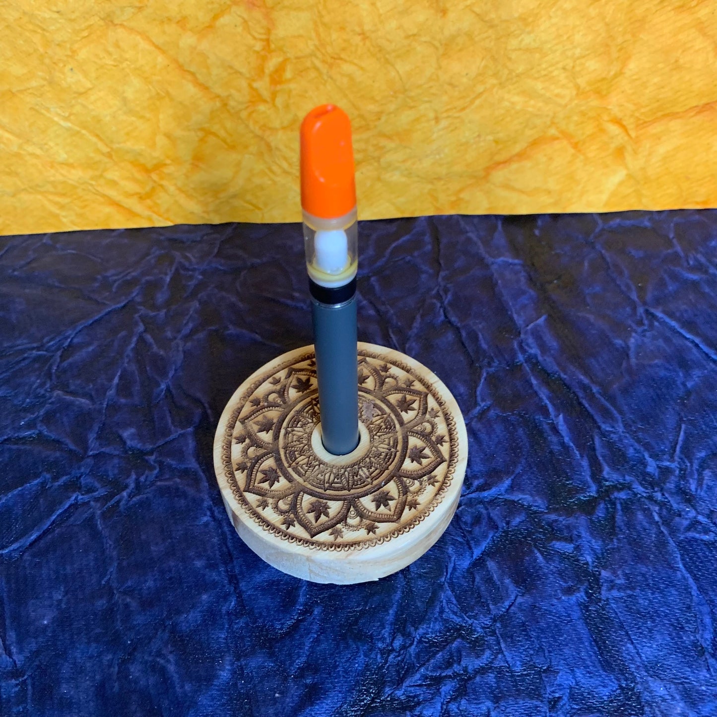 Vape Pen Holder - 3" Round Mandal Engraved - Solid Wood, Holds 510 Thread Vape Pens &/or Cartridge