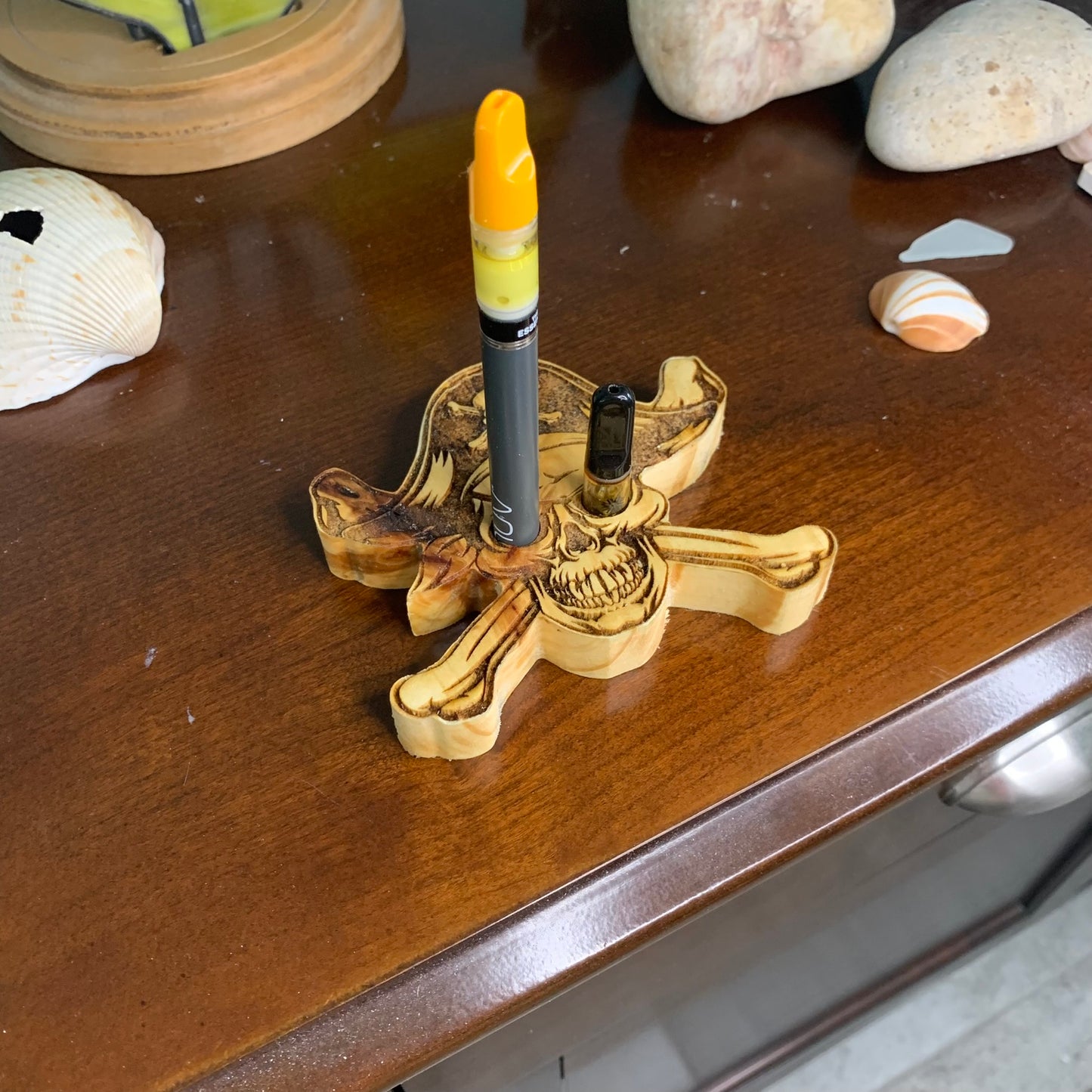 Vape Pen Holder - Pirate Skull & Bones - Solid Wood, Holds 510 Thread Vape Pens &/or Cartridge