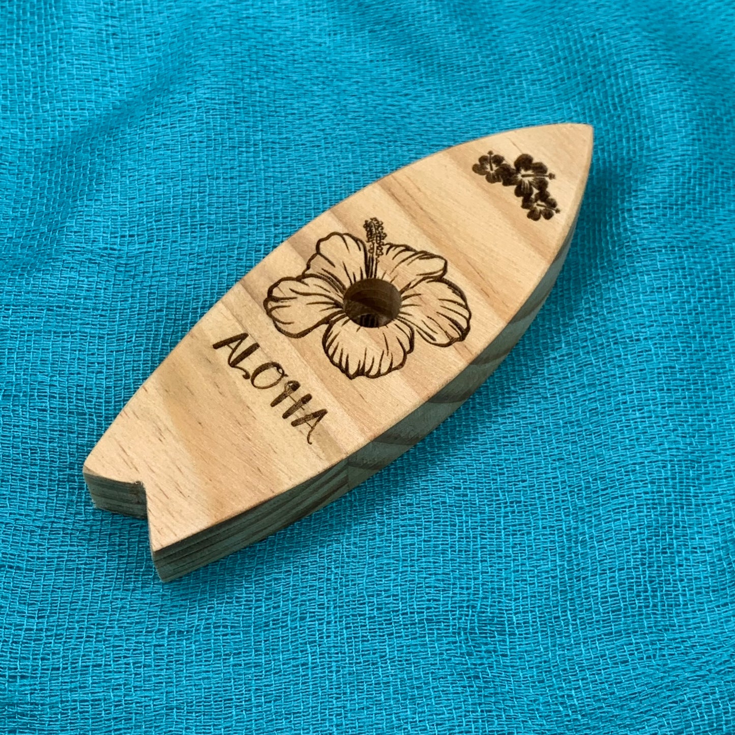 Vape Pen Holder - Surf Board Hibiscus -Aloha_ Engraved - Solid Wood, Holds 510 Thread Vape Pens &/or Cartridge