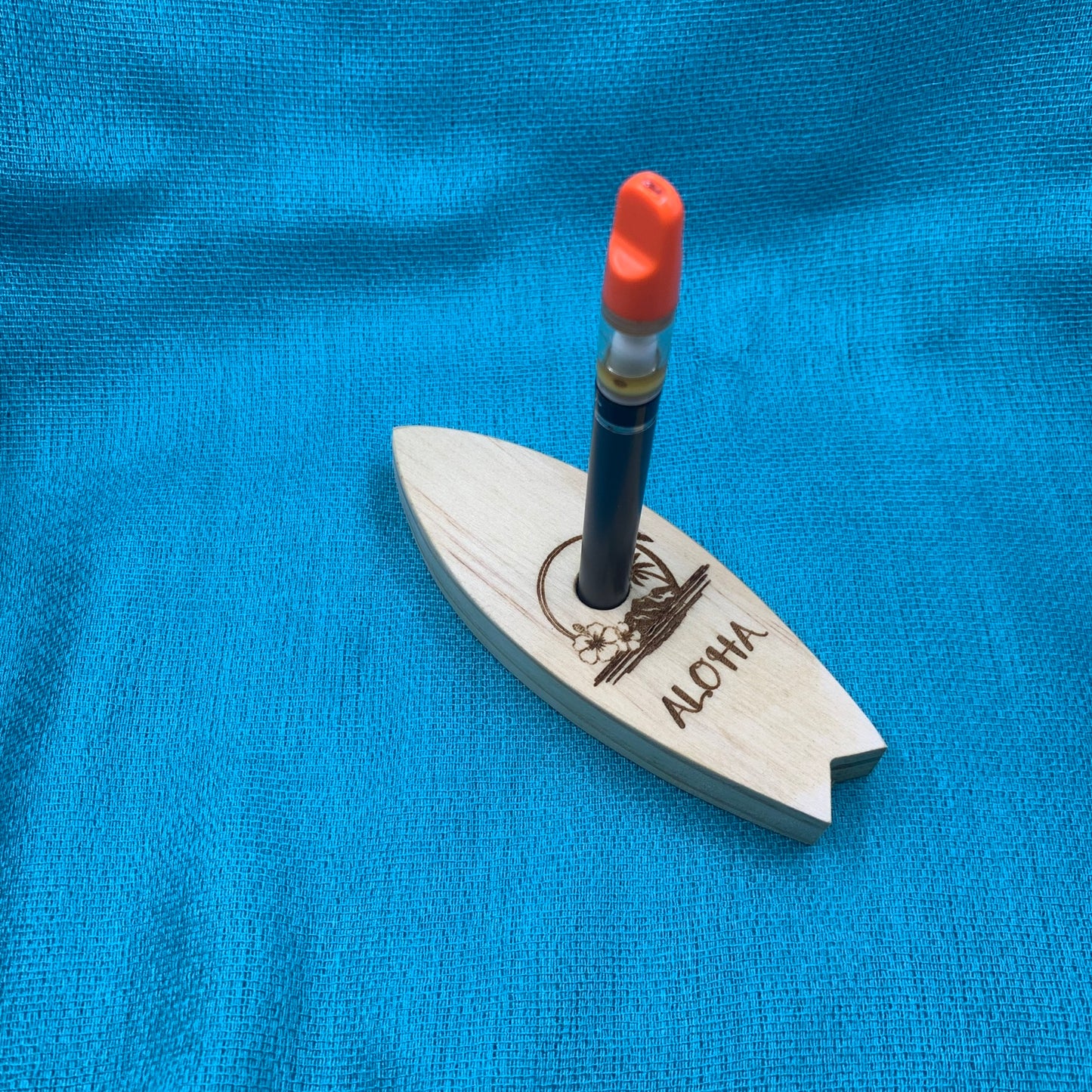 Vape Pen Holder - Surf Board Island-Aloha_ Engraved - Solid Wood, Holds 510 Thread Vape Pens &/or Cartridge