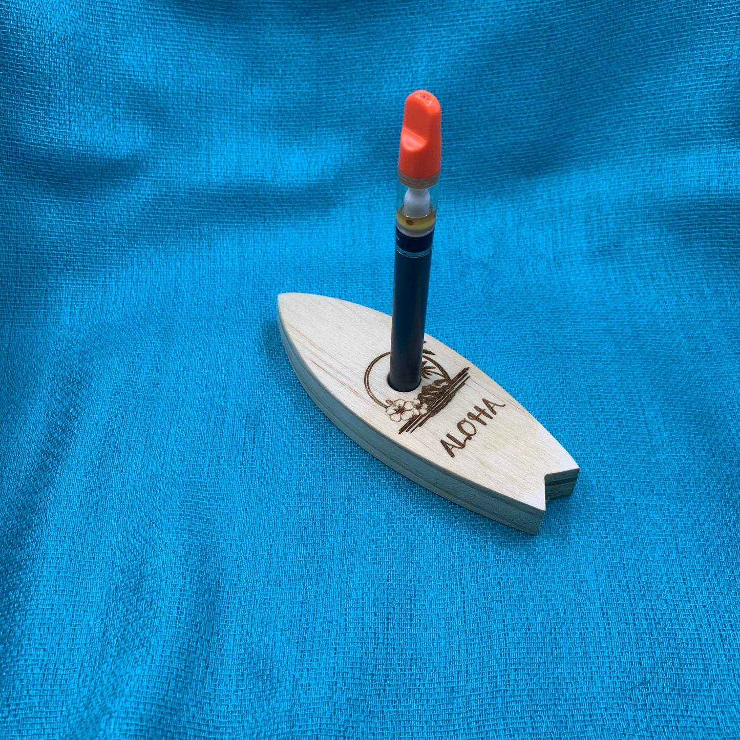 Vape Pen Holder - Surf Board Hibiscus -Aloha_ Engraved - Solid Wood, Holds 510 Thread Vape Pens &/or Cartridge