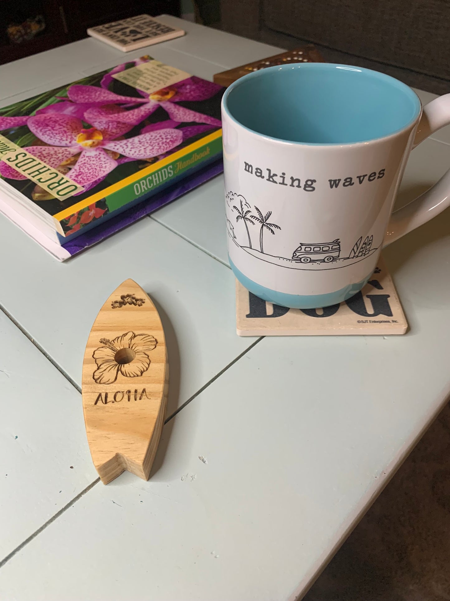 Vape Pen Holder - Surf Board Hibiscus -Aloha_ Engraved - Solid Wood, Holds 510 Thread Vape Pens &/or Cartridge