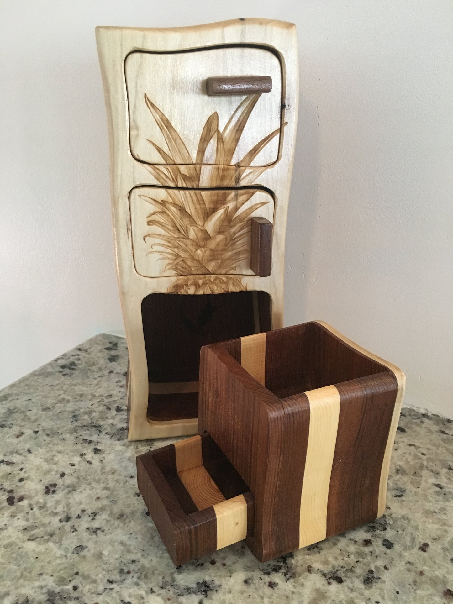 Solid Wood Box W/Drawers - Pineapple, Jewelry Box, Handcrafted, Custom Box, Personalized Box, Handmade, Home Decor, Engraved, Stash Box