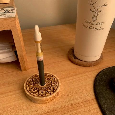 Vape Pen Holder - 3" Round Mandal Engraved - Solid Wood, Holds 510 Thread Vape Pens &/or Cartridge