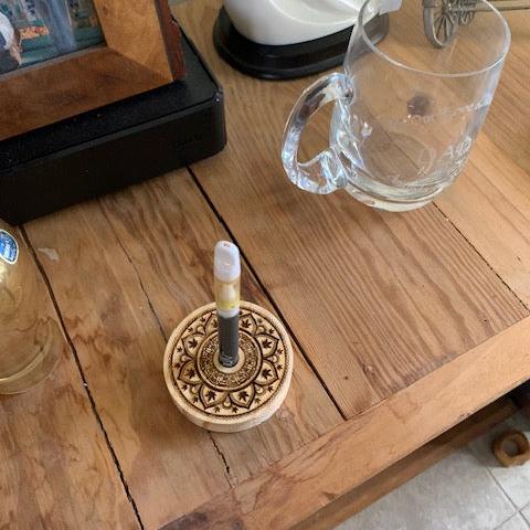 Vape Pen Holder - 3" Round Mandal Engraved - Solid Wood, Holds 510 Thread Vape Pens &/or Cartridge