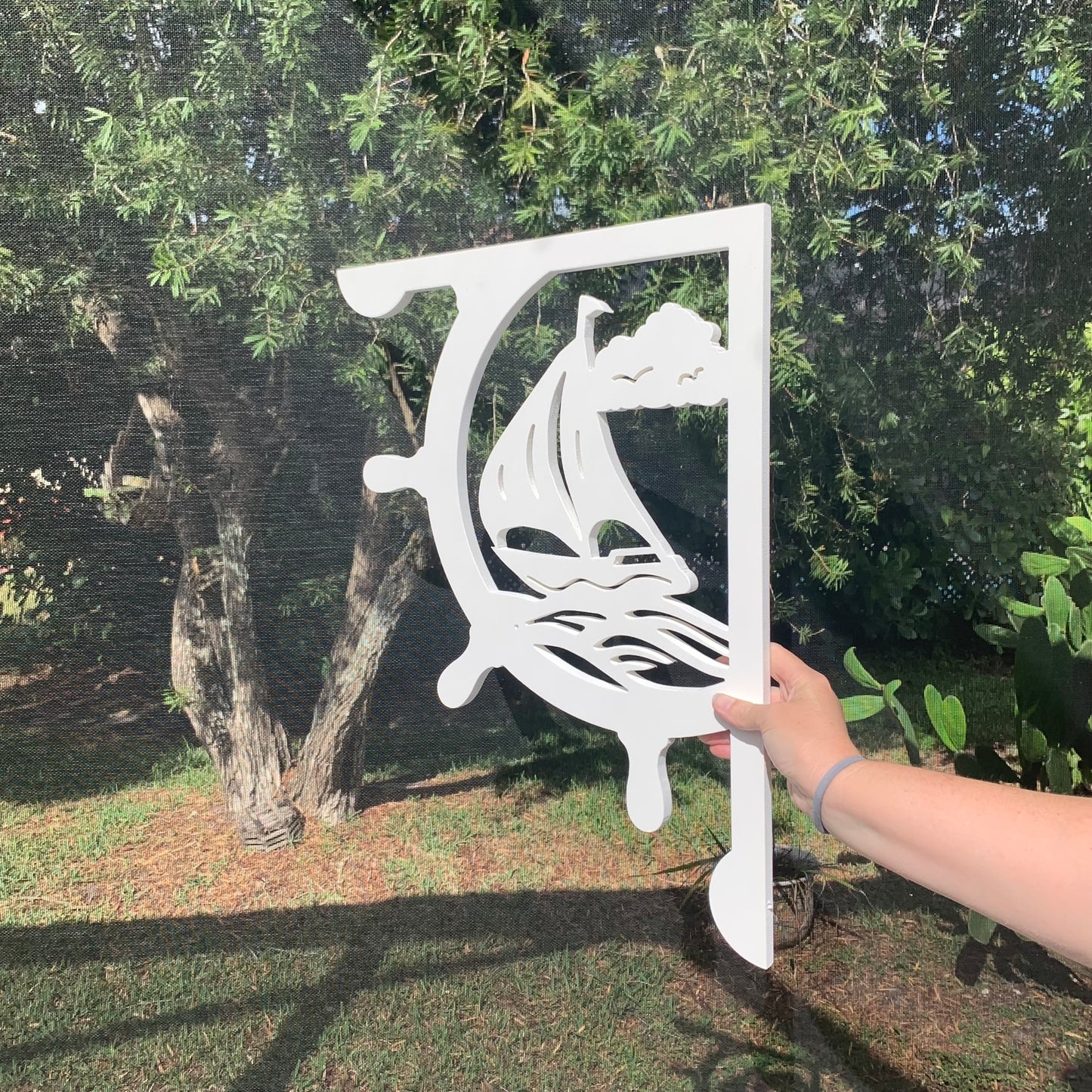 Mailbox Bracket - Ships Wheel with Sailboat - Large 16" x21"