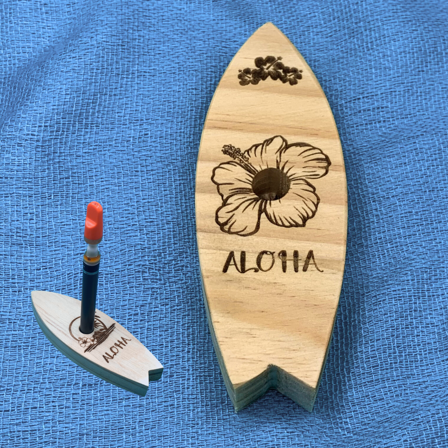 Vape Pen Holder - Surf Board Hibiscus -Aloha_ Engraved - Solid Wood, Holds 510 Thread Vape Pens &/or Cartridge