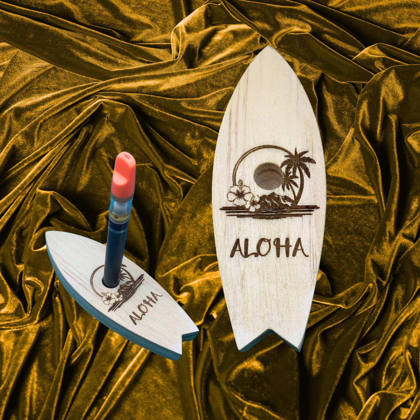 Vape Pen Holder - Surf Board Island-Aloha_ Engraved - Solid Wood, Holds 510 Thread Vape Pens &/or Cartridge