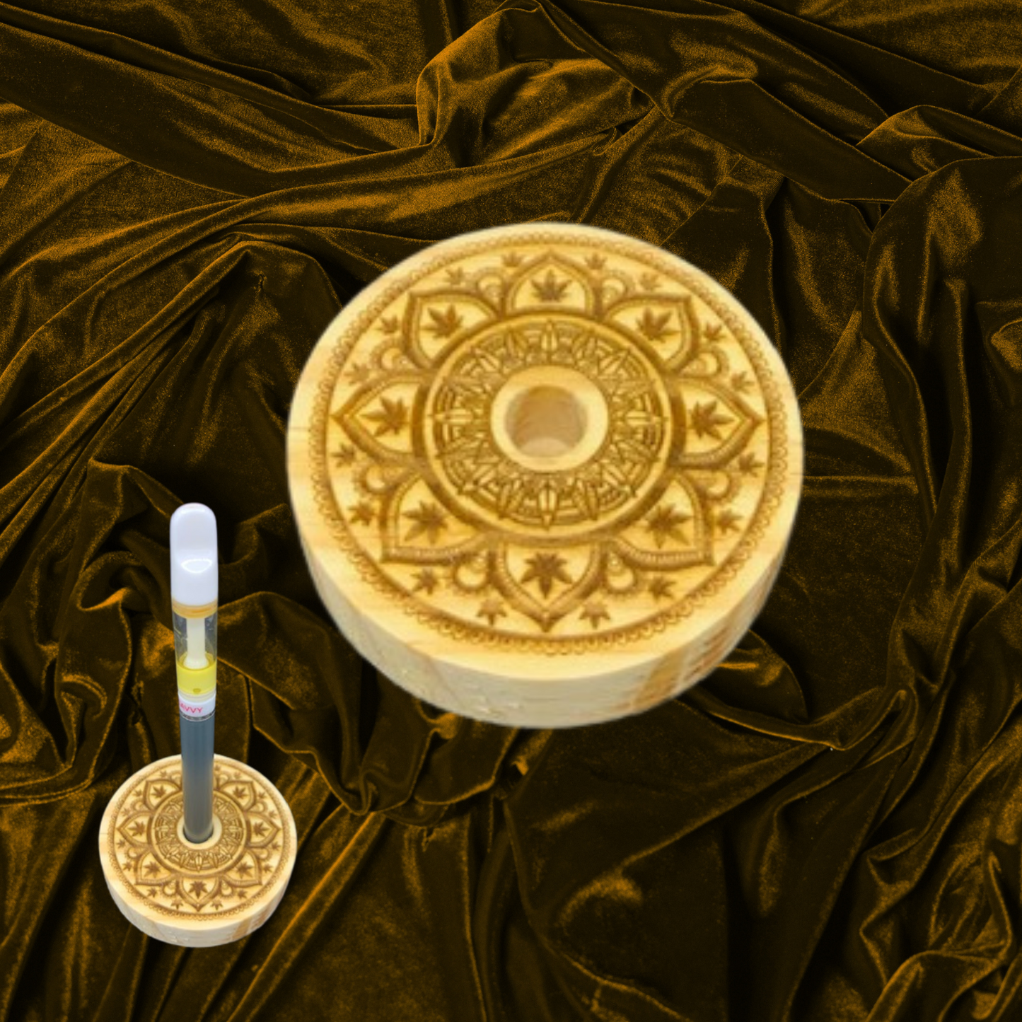Vape Pen Holder - 3" Round Mandal Engraved - Solid Wood, Holds 510 Thread Vape Pens &/or Cartridge