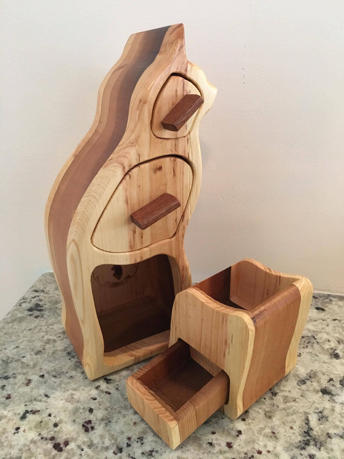 Solid Wood Box w/Drawers - Cat Shaped, Jewelry Box, Handcrafted, Custom Box, Personalized Box, Handmade, Home Decor, Engraved, Stash Box