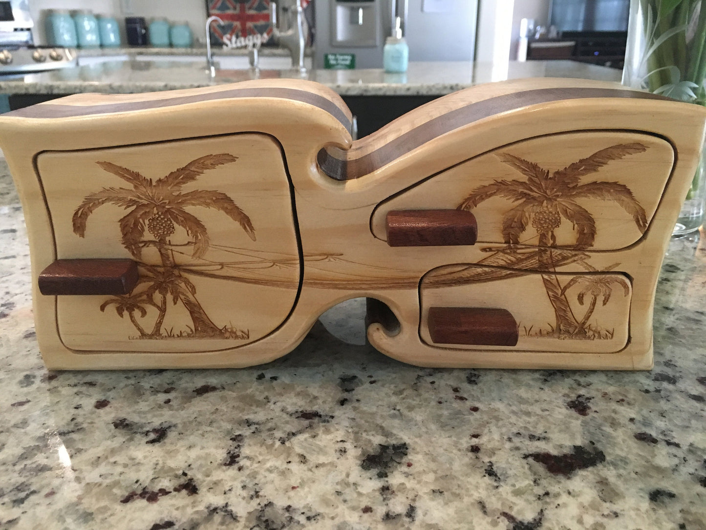 Solid Wood Box W/Drawers - Palm Tree Hammock, Jewelry Box, Handcrafted, Custom Box, Personalized Box, Handmade, Engraved, Stash Box
