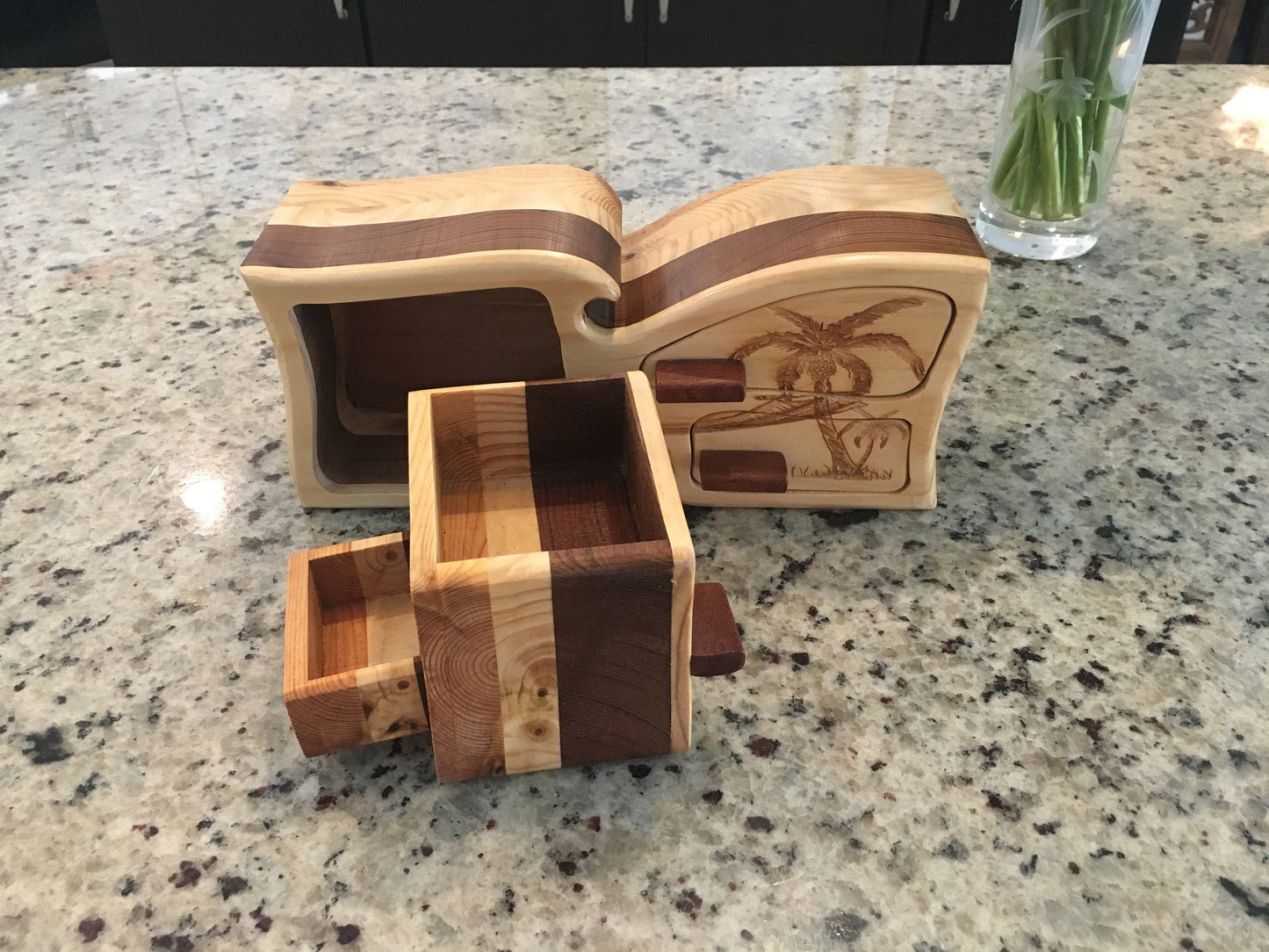 Solid Wood Box W/Drawers - Palm Tree Hammock, Jewelry Box, Handcrafted, Custom Box, Personalized Box, Handmade, Engraved, Stash Box