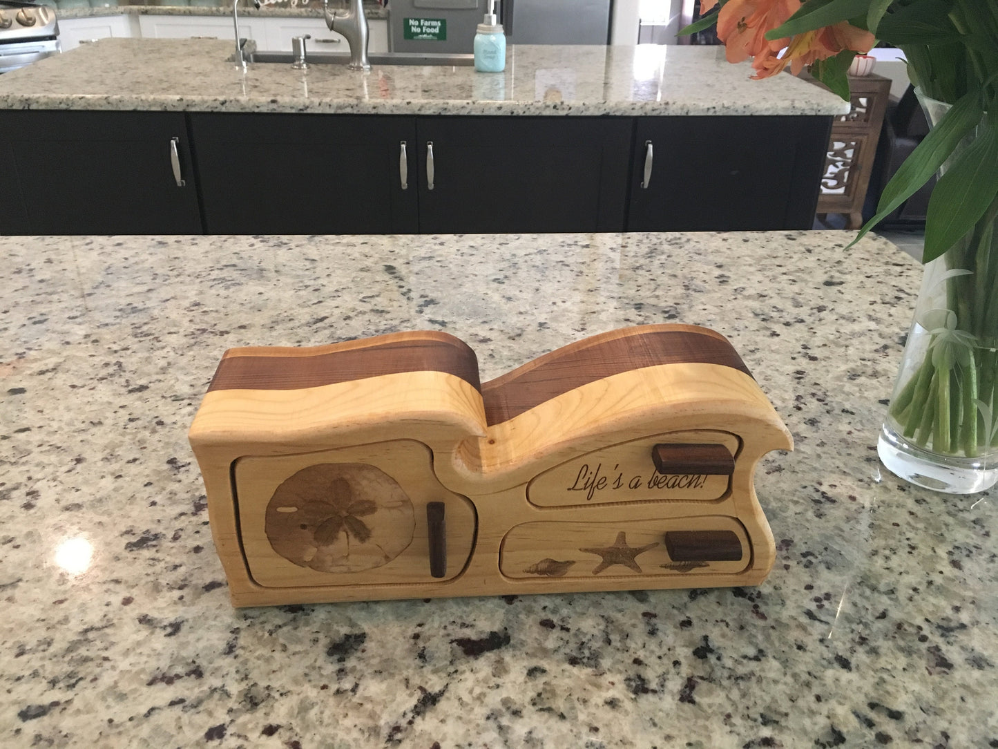 Solid Wood Box W/Drawers - Life's A Beach Wave, Jewelry Box, Handcrafted, Custom Box, Personalized Box, Handmade, Engraved, Stash Box