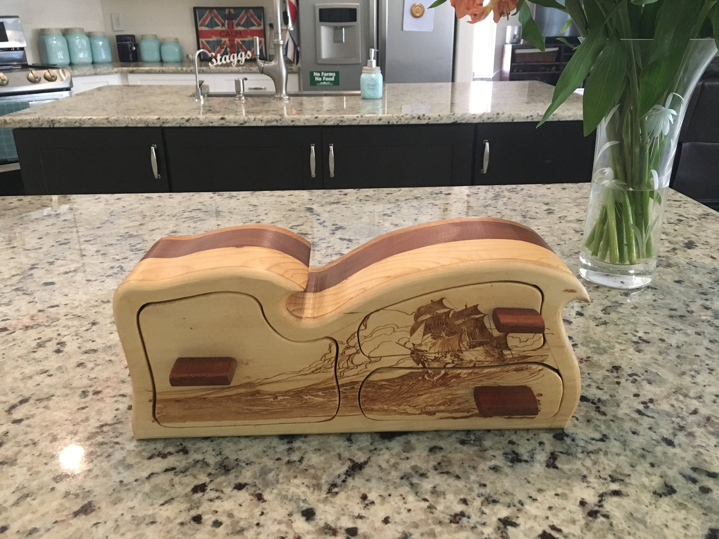 Solid Wood Box W/Drawers - Pirate Ship, Jewelry Box, Handcrafted, Custom Box, Personalized Box, Handmade, Home Decor, Engraved, Stash Box