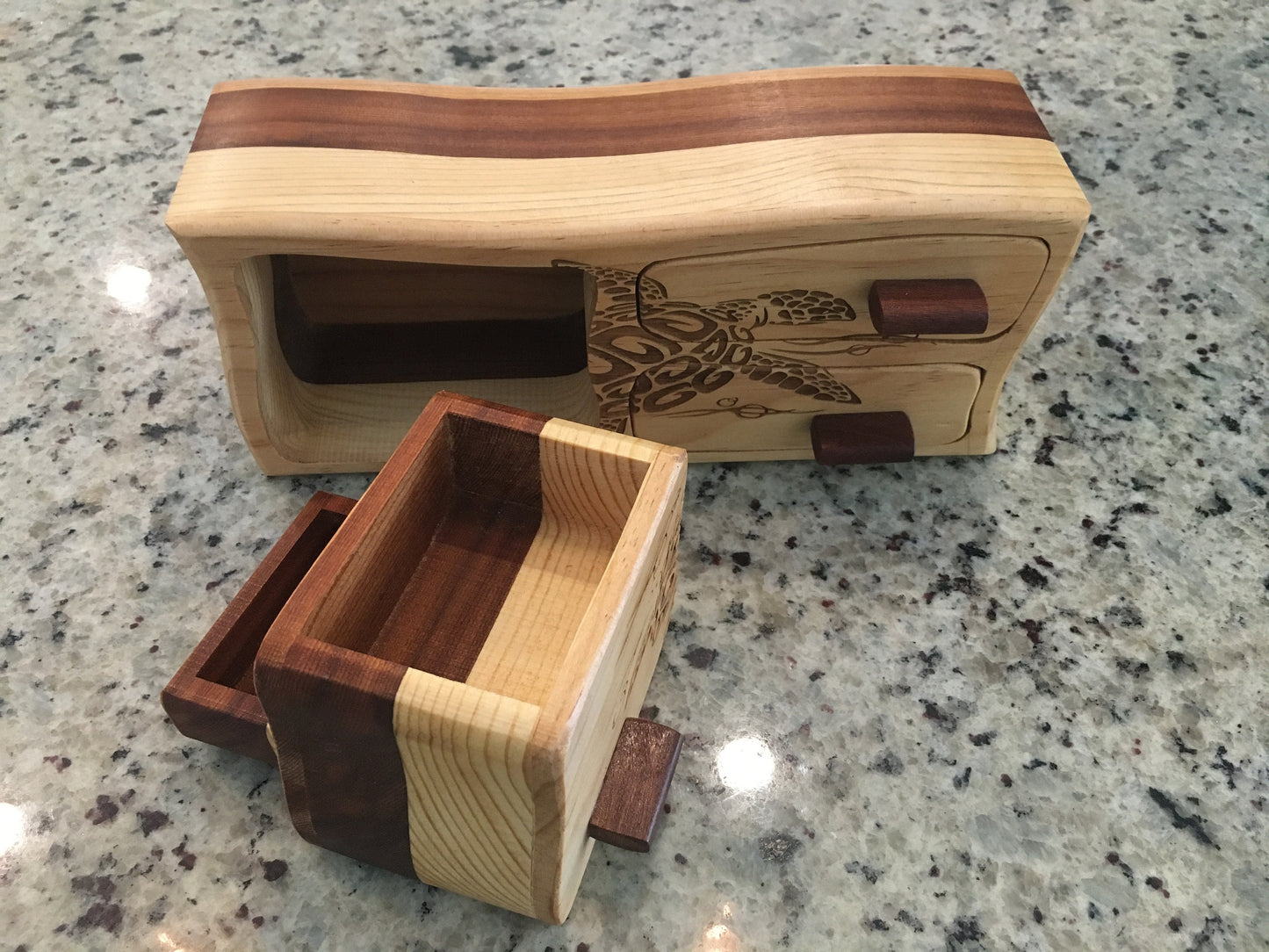 Solid Wood Box W/Drawers - Tribal Turtle, Jewelry Box, Handcrafted, Custom Box, Personalized Box, Handmade, Box, Engraved, Stash Box