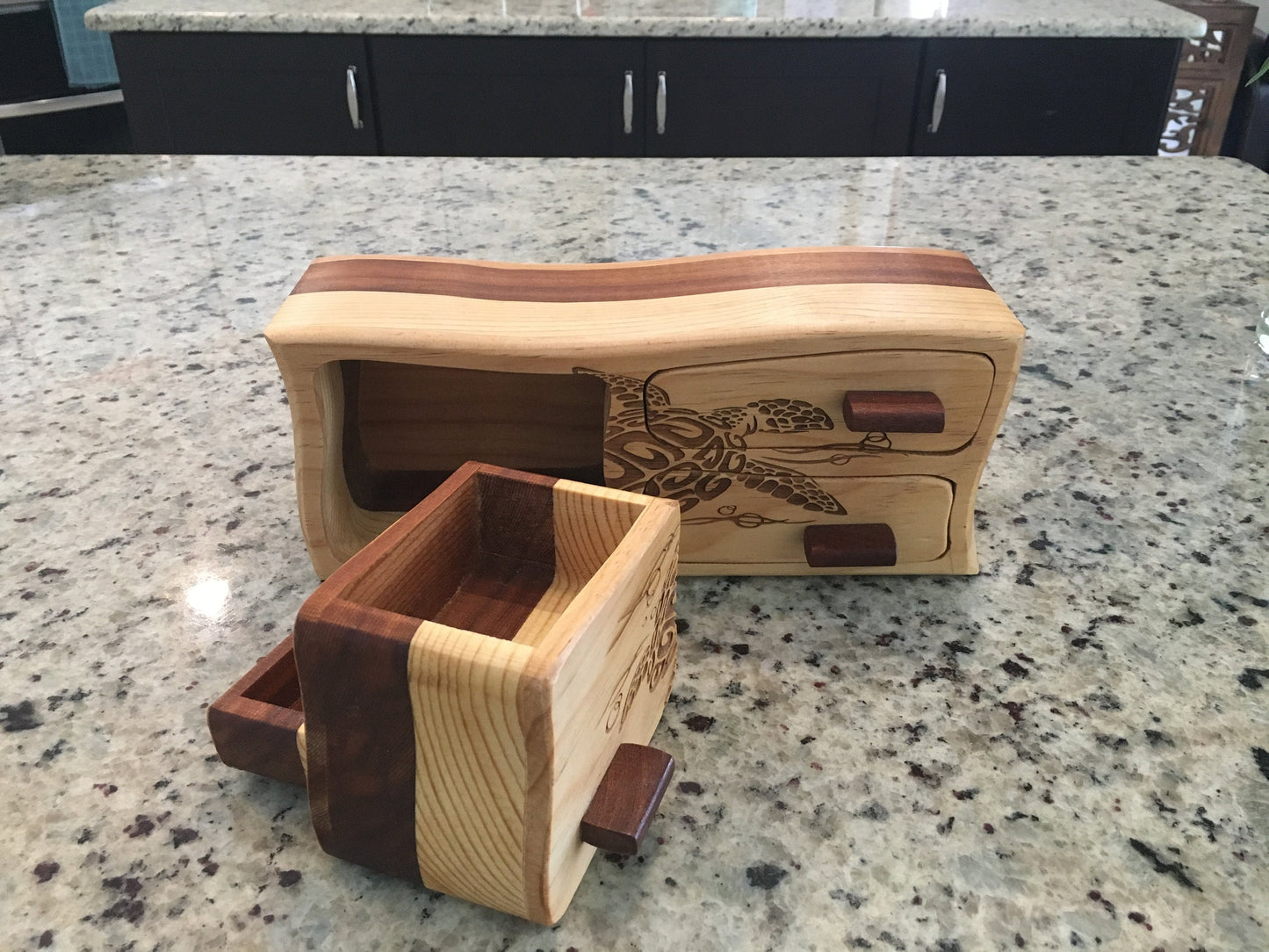Solid Wood Box W/Drawers - Tribal Turtle, Jewelry Box, Handcrafted, Custom Box, Personalized Box, Handmade, Box, Engraved, Stash Box