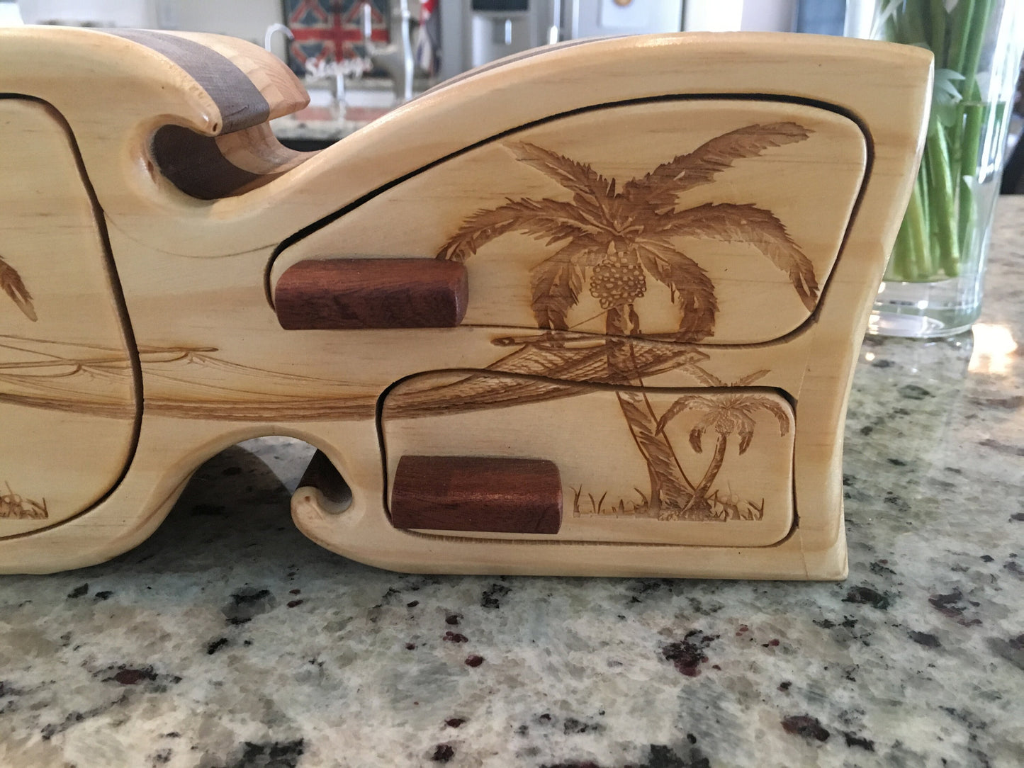 Solid Wood Box W/Drawers - Palm Tree Hammock, Jewelry Box, Handcrafted, Custom Box, Personalized Box, Handmade, Engraved, Stash Box