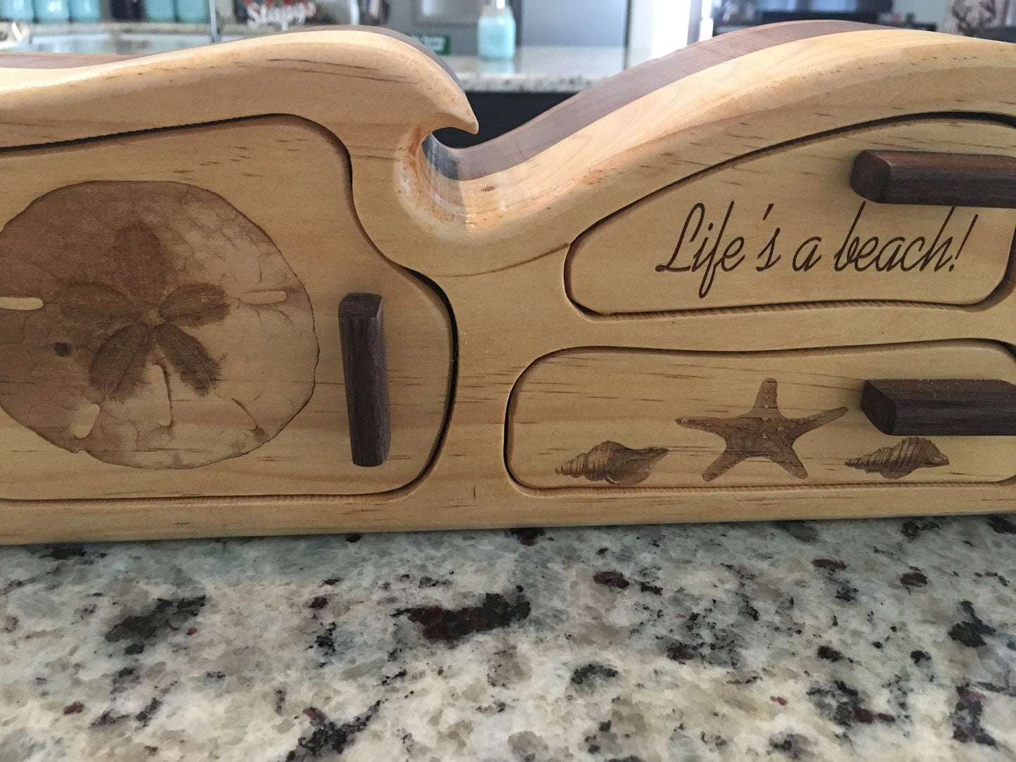 Solid Wood Box W/Drawers - Life's A Beach Wave, Jewelry Box, Handcrafted, Custom Box, Personalized Box, Handmade, Engraved, Stash Box