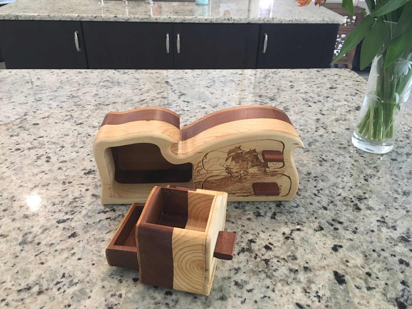 Solid Wood Box W/Drawers - Pirate Ship, Jewelry Box, Handcrafted, Custom Box, Personalized Box, Handmade, Home Decor, Engraved, Stash Box