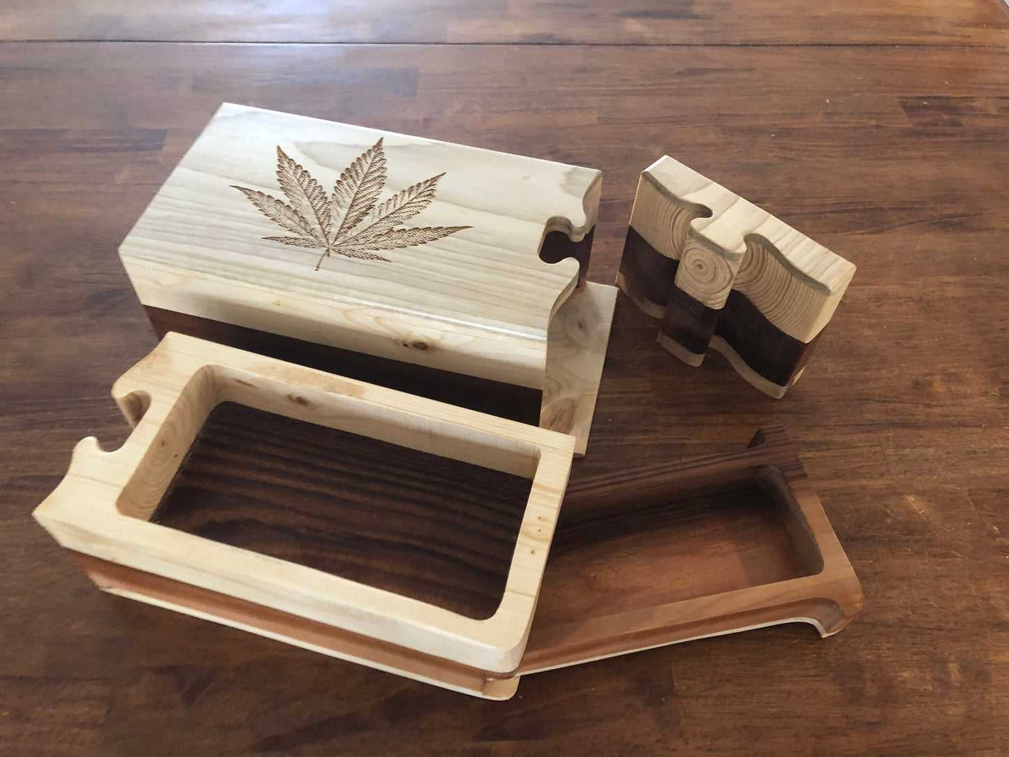 Solid Wood Puzzle Box - Marijuana, Wooden Box, Jewelry Box, Handcrafted, Custom Box, Personalized Box, Handmade, Box, Engraved, Stash Box
