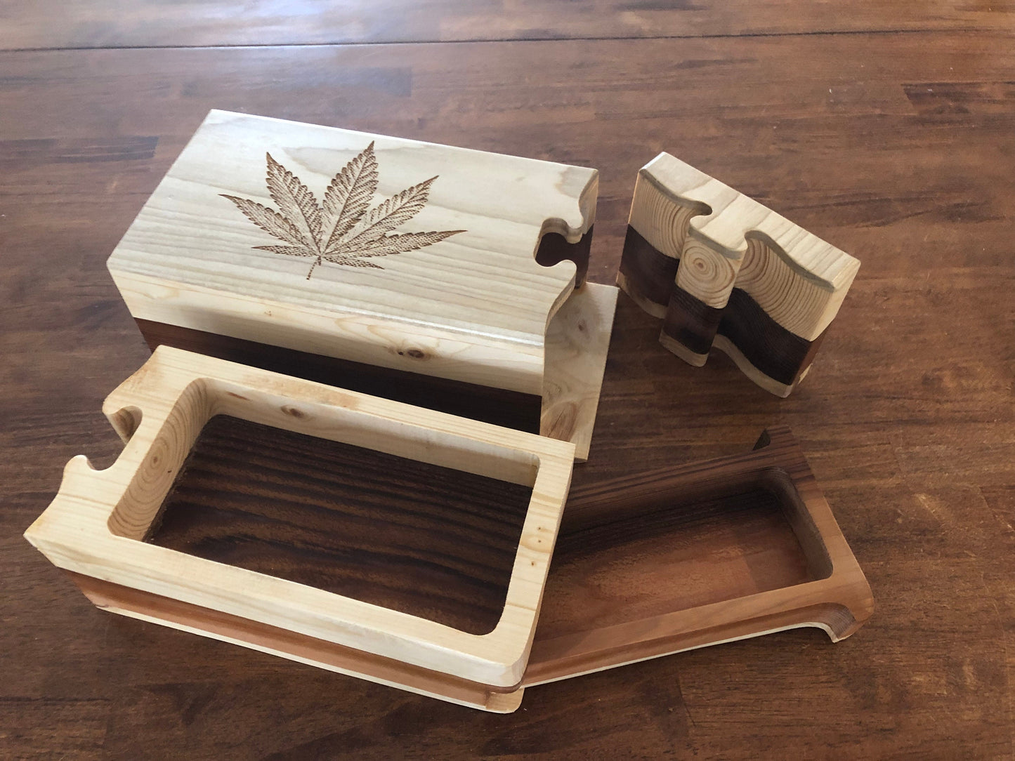 Solid Wood Puzzle Box - Marijuana, Wooden Box, Jewelry Box, Handcrafted, Custom Box, Personalized Box, Handmade, Box, Engraved, Stash Box