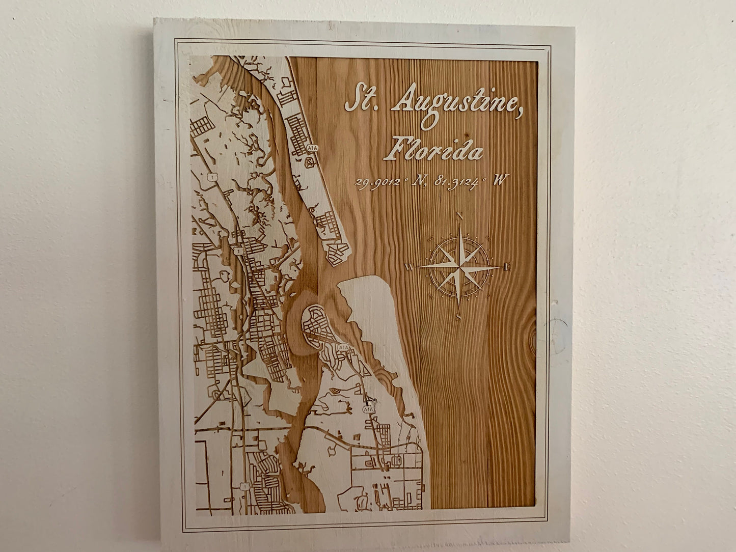 Map Engraved, St Augustine, Custom Engraving, Wood Wall Art, Laser Engraved, Topographic, Wall Art, Custom Gift, 16 x 11.25 inches approx