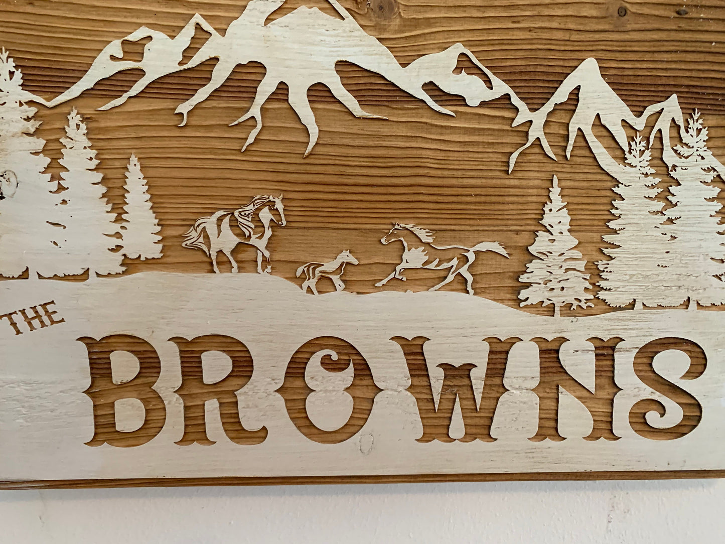 Wall Plaque, Mountain Scene, Horses, Painted Background, Laser engraved on recycled pallet wood, personalized for you.