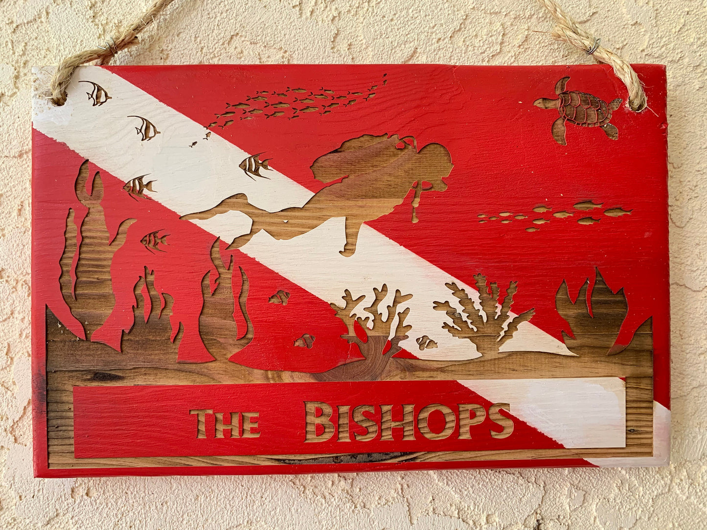 Wall Plaque, Dive Flag Underwater Scene Name Sign, Painted Background, Laser engraved on recycled pallet wood, personalized for you.