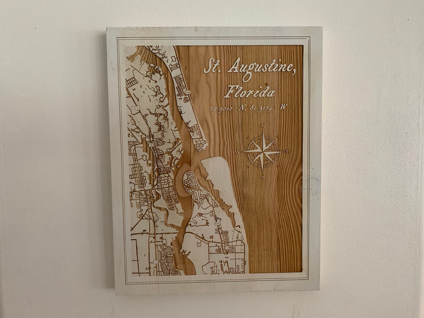 Map Engraved, St Augustine, Custom Engraving, Wood Wall Art, Laser Engraved, Topographic, Wall Art, Custom Gift, 16 x 11.25 inches approx