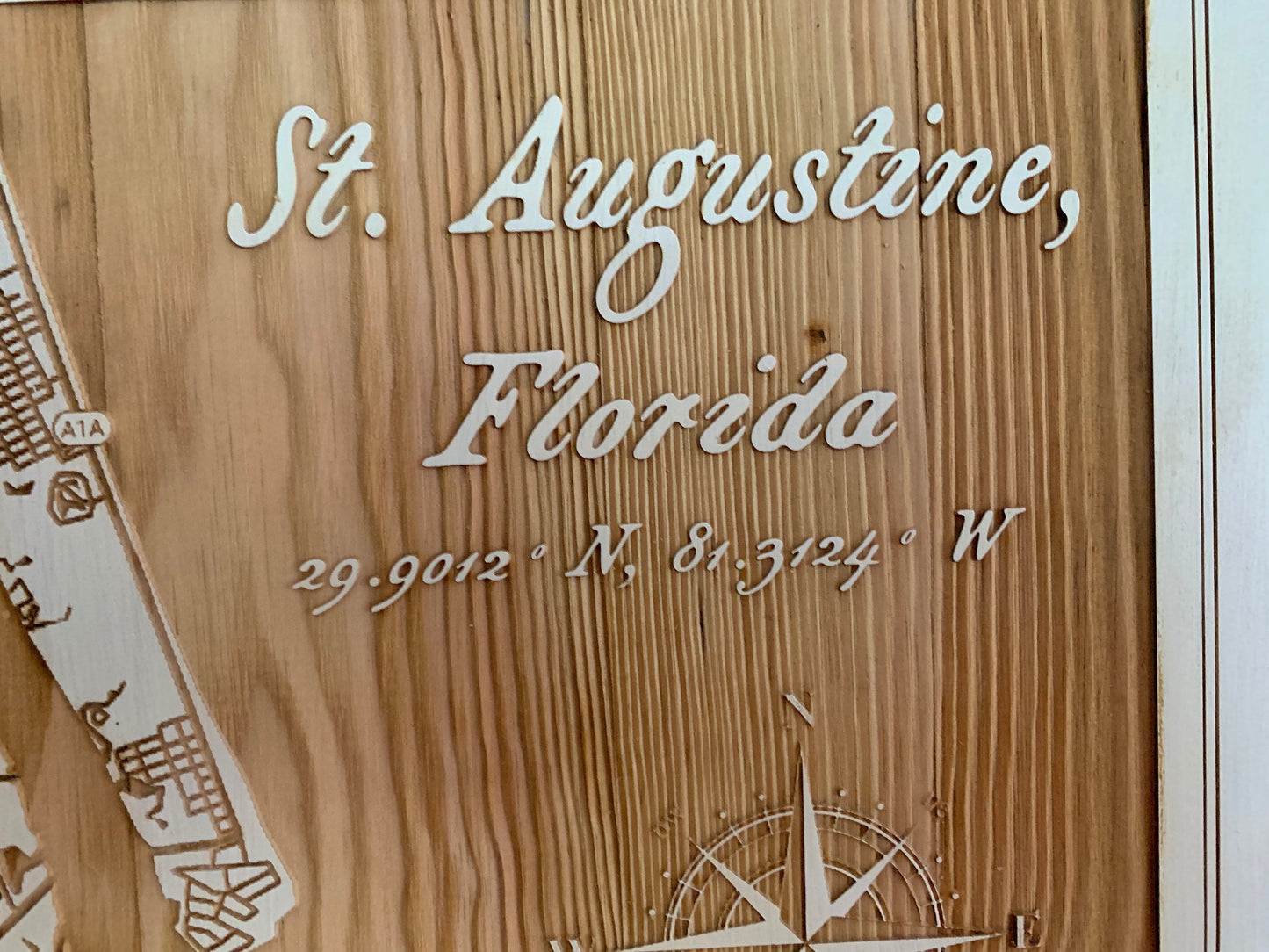 Map Engraved, St Augustine, Custom Engraving, Wood Wall Art, Laser Engraved, Topographic, Wall Art, Custom Gift, 16 x 11.25 inches approx