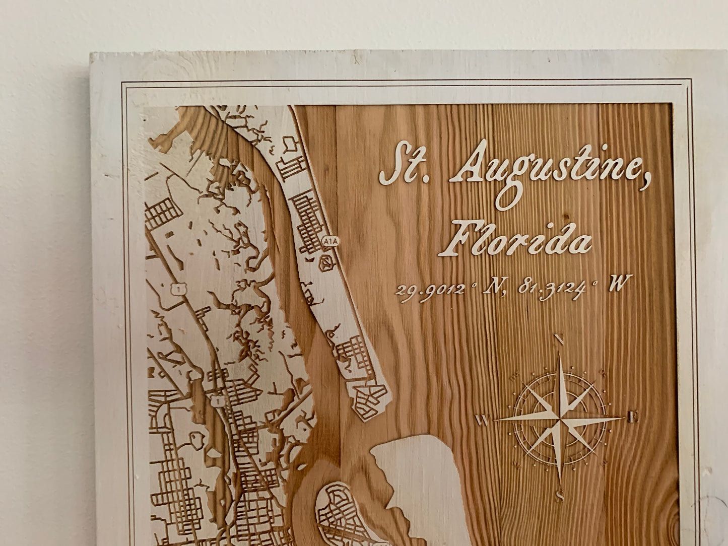 Map Engraved, St Augustine, Custom Engraving, Wood Wall Art, Laser Engraved, Topographic, Wall Art, Custom Gift, 16 x 11.25 inches approx