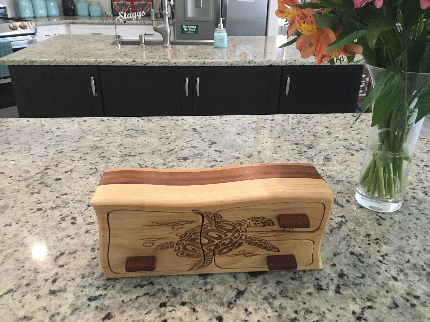 Solid Wood Box W/Drawers - Tribal Turtle, Jewelry Box, Handcrafted, Custom Box, Personalized Box, Handmade, Box, Engraved, Stash Box