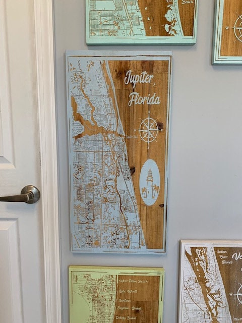 Map Engraved - Jupiter Florida, Custom Engraving, Wood Wall Art, Laser Engraved, Topographic, Wall Art, Custom Gift, 24 x 12 inches approx