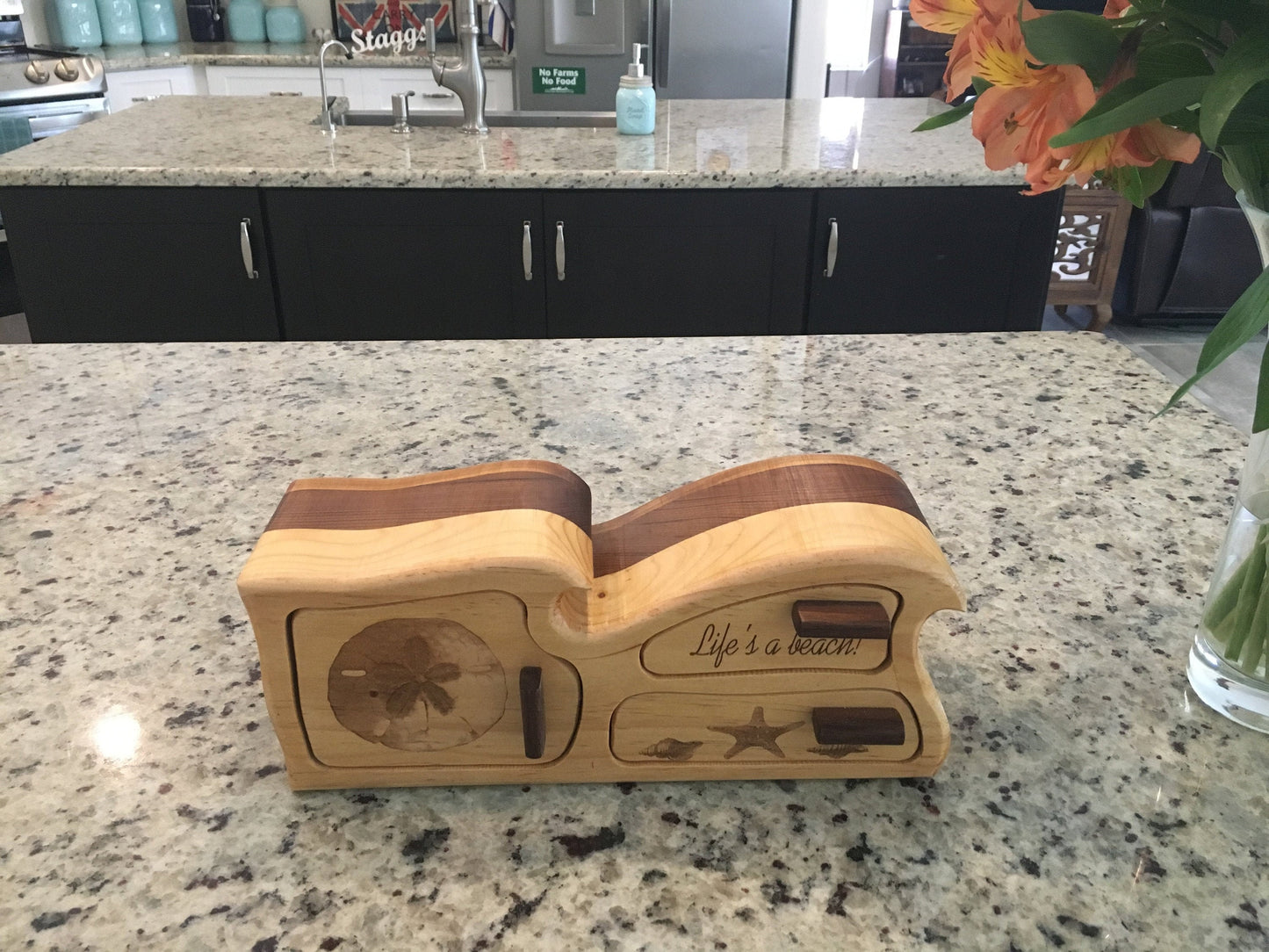 Solid Wood Box W/Drawers - Life's A Beach Wave, Jewelry Box, Handcrafted, Custom Box, Personalized Box, Handmade, Engraved, Stash Box