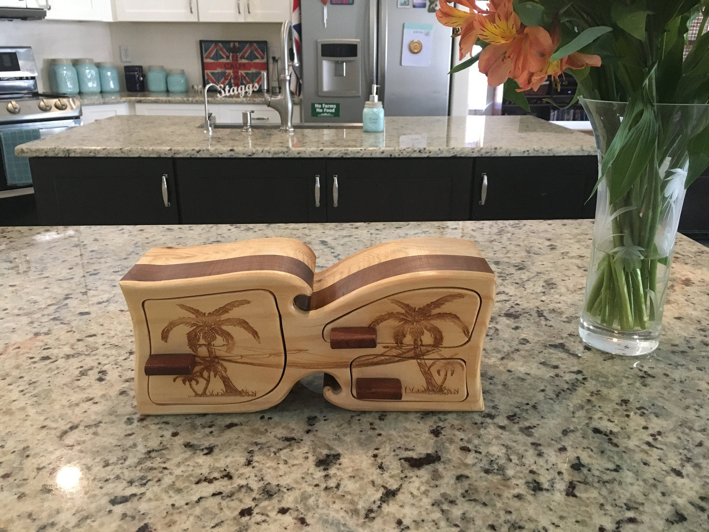 Solid Wood Box W/Drawers - Palm Tree Hammock, Jewelry Box, Handcrafted, Custom Box, Personalized Box, Handmade, Engraved, Stash Box