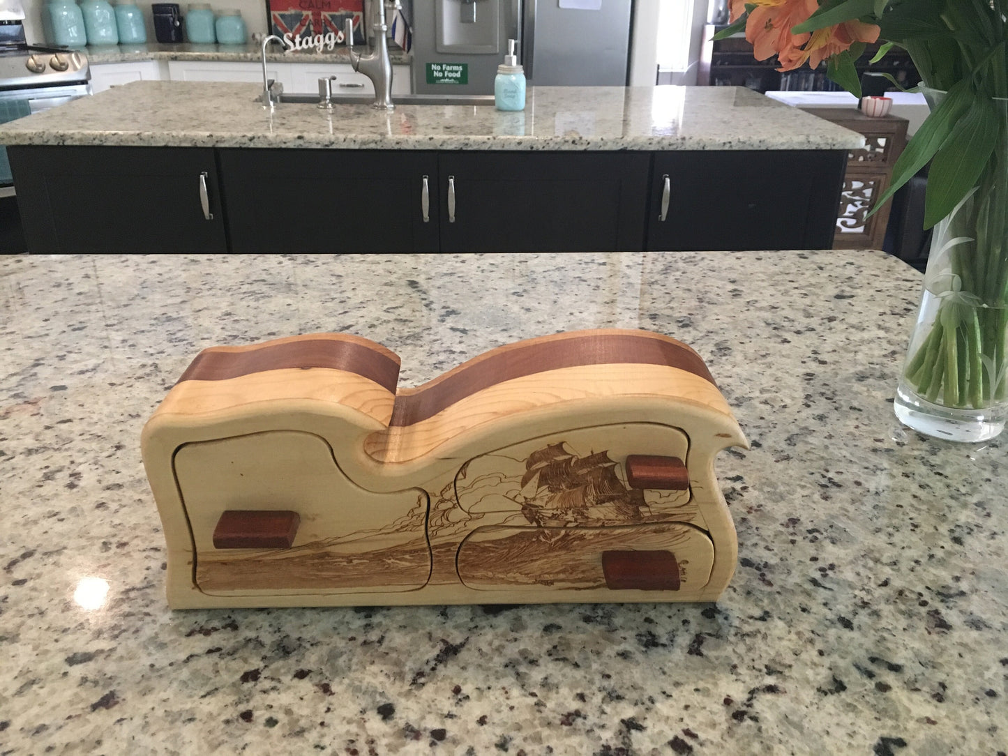Solid Wood Box W/Drawers - Pirate Ship, Jewelry Box, Handcrafted, Custom Box, Personalized Box, Handmade, Home Decor, Engraved, Stash Box