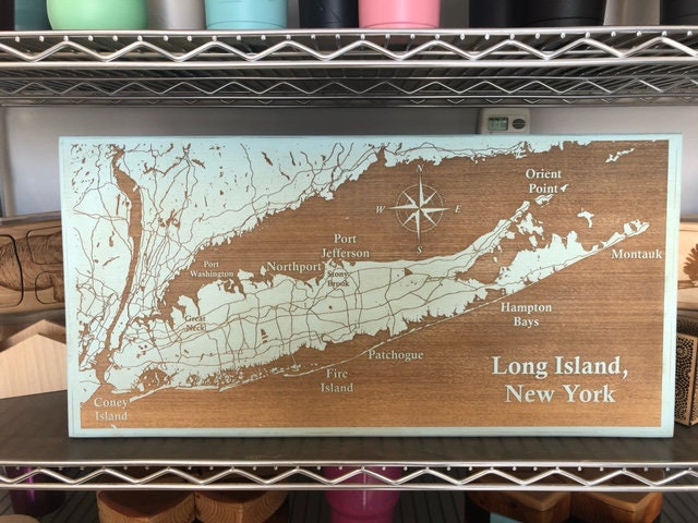 Map Engraved - Long Island, Custom Engraving, Wood Wall Art, Laser Engraved, Topographic, Wall Art, Custom Gift, 24 x 12 inches approx
