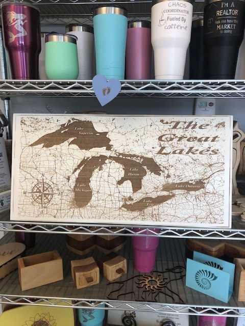 Map engraved - Great Lakes, Custom Engraving, Wood Wall Art, Laser Engraved, Topographic, Wall Art, Custom Map, Custom Gift, 24 x 12 inches