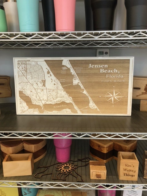 Map Engraved - Jensen Beach, Florida. Custom Engraving, Wood Wall Art, Laser Engraved, Topographic, Wall Art, Custom Gift, 24 x 12 inches