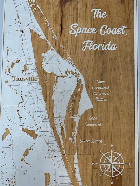 Map Engraved - Space Coast, Florida, Custom Engraving, Wood Wall Art, Laser Engraved, Wall Art, Custom Gift, 24 x 12 inches approx