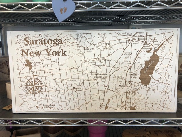 Map Engraved - Saratoga, New York - Custom Engraving, Wood Wall Art, Laser Engraved, Wall Art, Custom Gift, 24 x 12 inches approx