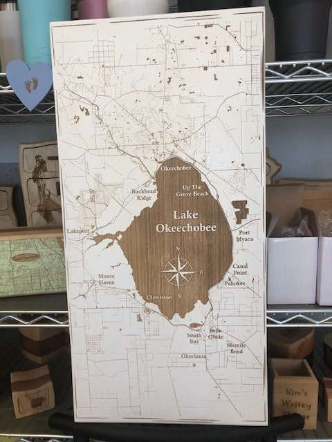 Map Engraved - Lake Okeechobee, Florida, Custom Engraving, Wood Wall Art, Laser Engraved, Custom Map, Custom Gift, 24 x 12 inches approx