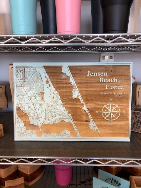 Map Engraved - Jensen Beach, Florida. Custom Engraving, Wood Wall Art, Laser Engraved, Topographic, Custom Map, Custom Gift 18 x 12 inches
