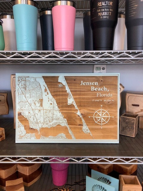 Map Engraved - Jensen Beach, Florida. Custom Engraving, Wood Wall Art, Laser Engraved, Topographic, Custom Map, Custom Gift 18 x 12 inches