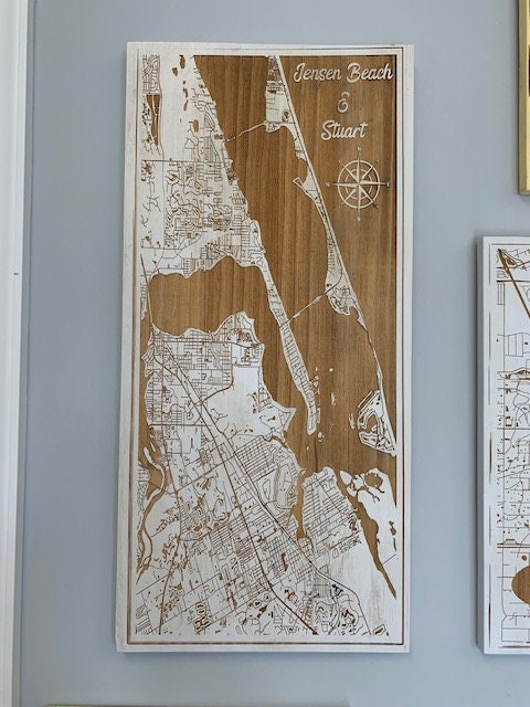Map Engraved - Jensen Beach and Stuart, Custom Engraving, Wood Wall Art, Laser Engraved, Topographic, Wall Art, Custom Gift, 24 x 12 inches