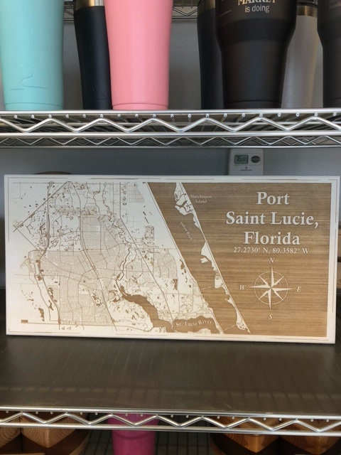 Map Engraved - Port St. Lucie, Florida, Custom Engraving, Wood Wall Art, Laser Engraved, Wall Art, Custom Gift, 24 x 12 inches approx