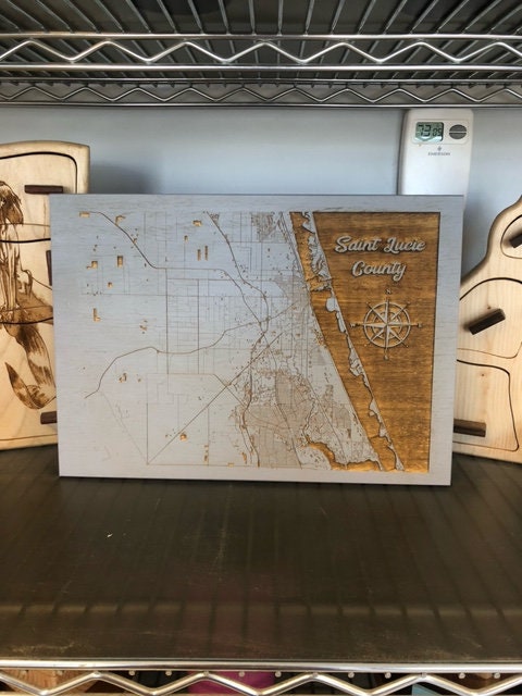 Map Engraved - St Lucie County, Custom Engraving, Wood Wall Art, Laser Engraved, Topographic, Wall Art, Custom Gift 16 x 12 inches approx