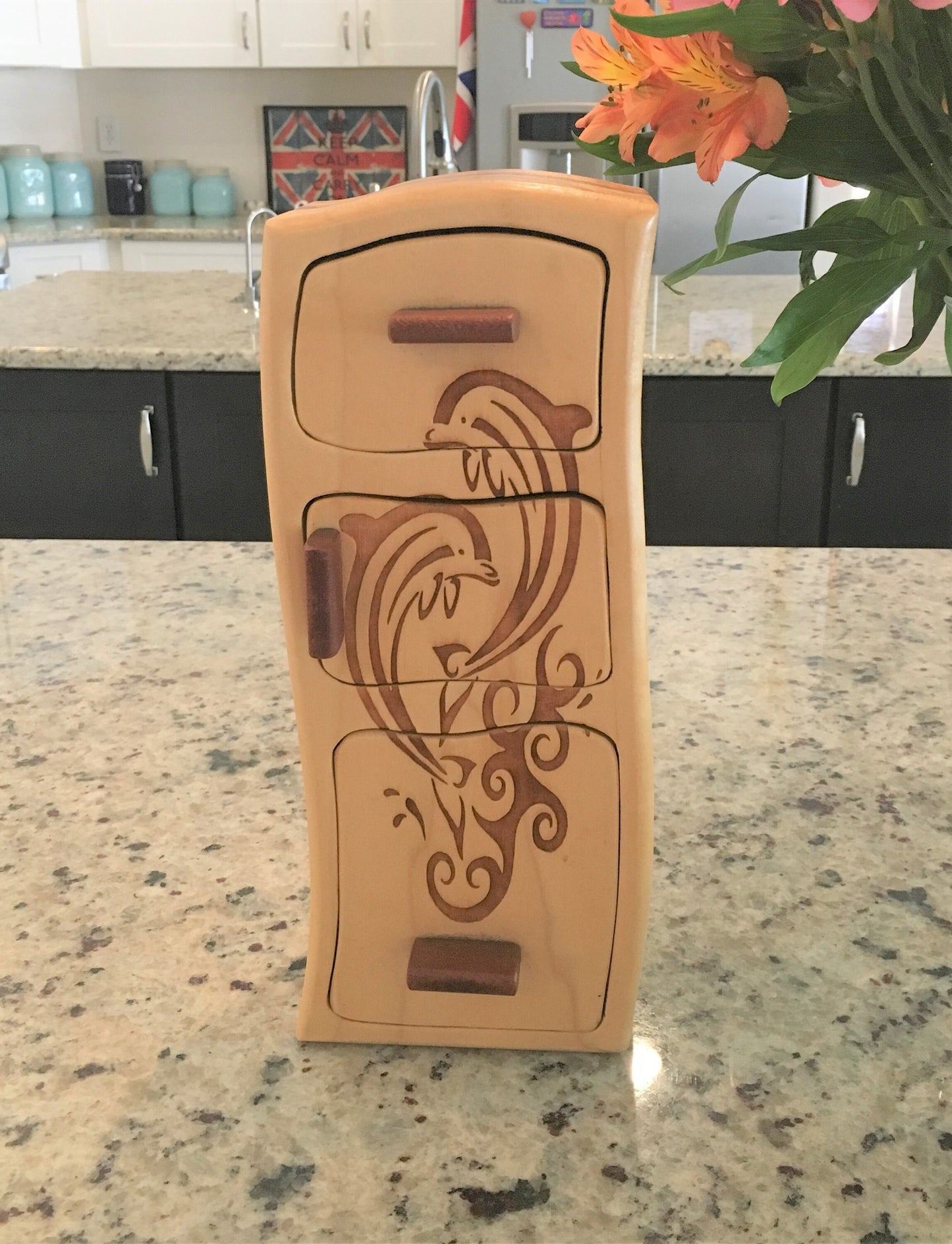 Solid Wood Box W/Drawers - Playful Dolphins, Jewelry Box, Handcrafted, Custom Box, Personalized Box, Handmade, Engraved, Stash Box